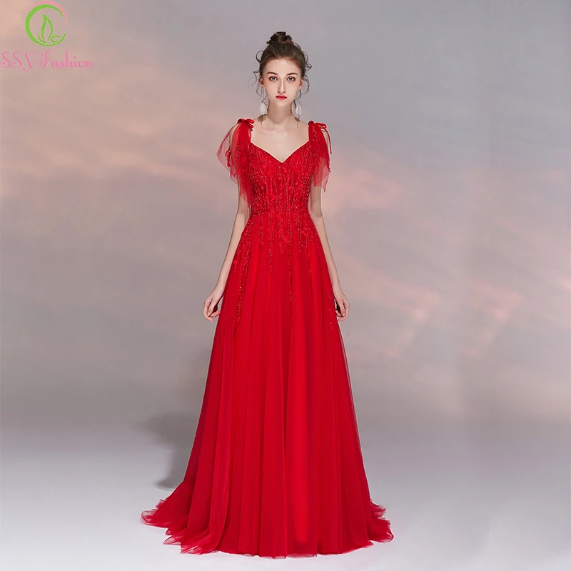 Ssyfashion 2019 Новое красное вечернее платье для свадьбы и банкета элегантная v