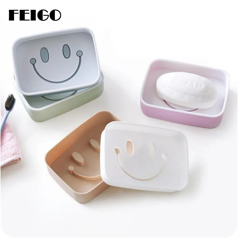 

FEIGO 1PC Smiley Cartoon Soap box shower tray hiking bath house container holder travel new soap dish candy color Bathroom F20
