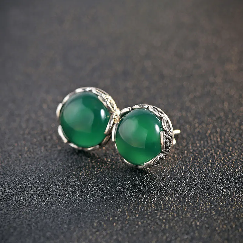 Женские серьги гвоздики из серебра 925 пробы с натуральным зеленым камнем|stud