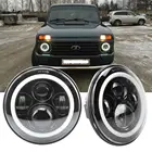 Фары светодиодные с кольцевой подсветкой, дневные ходовые огни 7 дюймов с желтым сигналом поворота для Lada Niva 4x4, Suzuki Samurai, светодиодные фары дневного света с круговой подсветкой для ВАЗ 2101