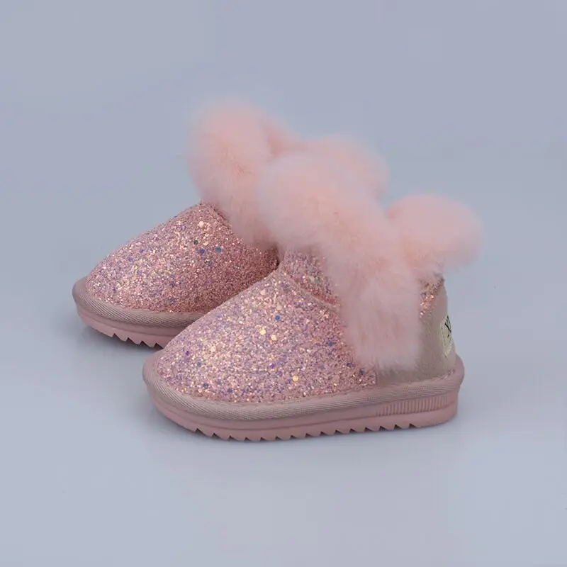 2017 Winter New Children's Snow Boots With Fur Sequins Kids Rubber Warm Non-slip Shoes Princess Baby Girls Leather | Детская одежда