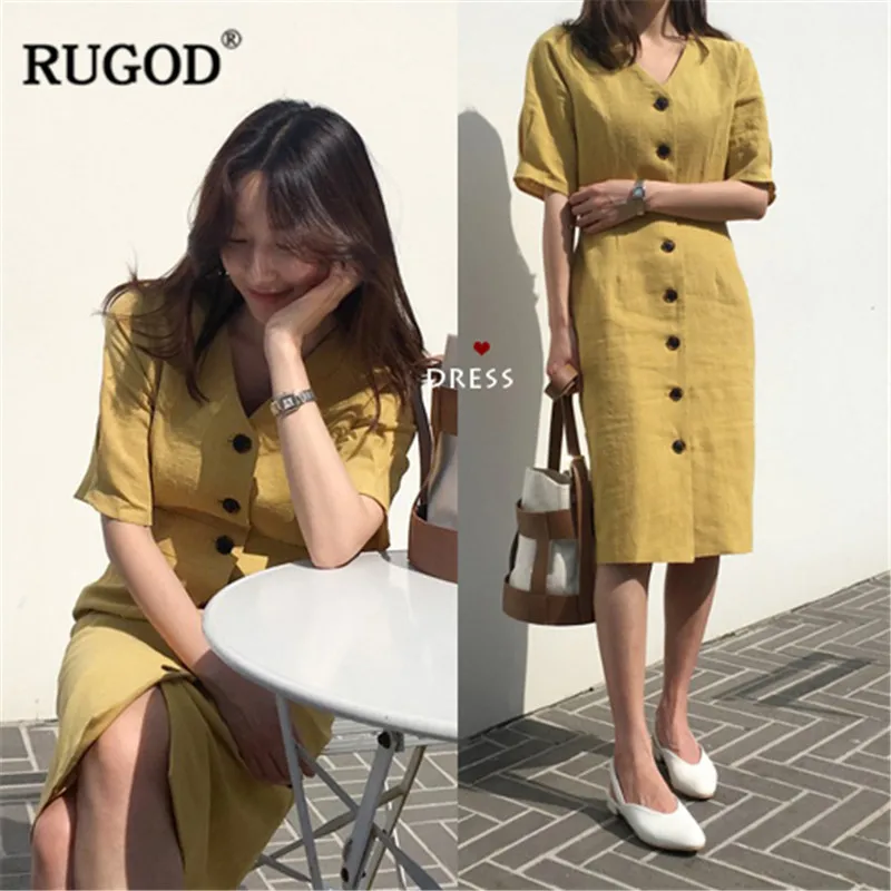 Женское однобортное платье RUGOD желтое однотонное до колена с короткими рукавами