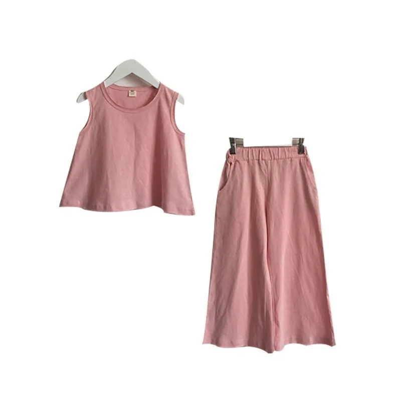 Casual Kids Clothes Suit For Teenage Girls Clothing set 2019 Summer Solid Vest Tshirt Pants 2-piece Soft Cotton Children Outfits | Мать и