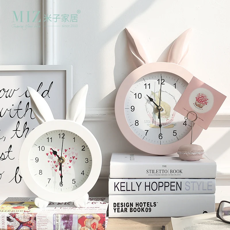 Miz Home White Creative Rabbit Ear Wooden Wall Quartz Watch Desktop Clock Art Decor stickers wall Watches for Girl Women|desktop watch|wooden desktop