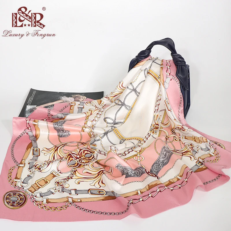 90x90 см, модная женская шелковая бандана, роскошный бренд, квадратный шелковый шарф, женский платок с принтом, Женская атласная шаль, платки, шарфы