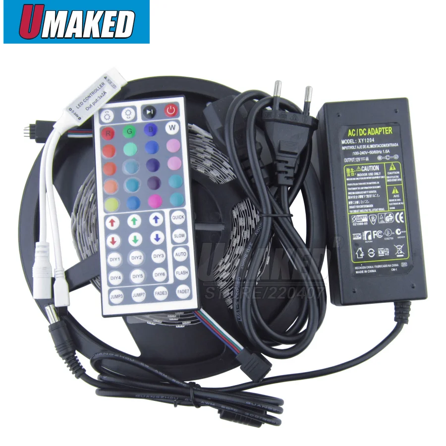 

10sets Waterproof LED strip RGB 5050 SMD 60LED/M DC12V flexibe led ribbon 5M LED tape+44Key IR Remote+DC12V 4A power adapter dhl