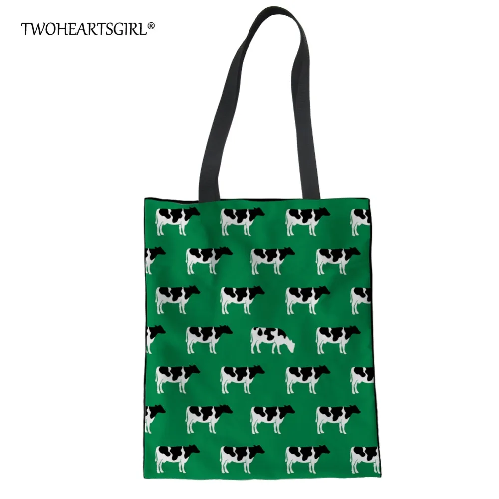 

Twoheartsgirl Cute Floral Cow Print Shoulder Bag for Women Canvas Handbags Casual Ladies College Girls Shopping Tote Bags