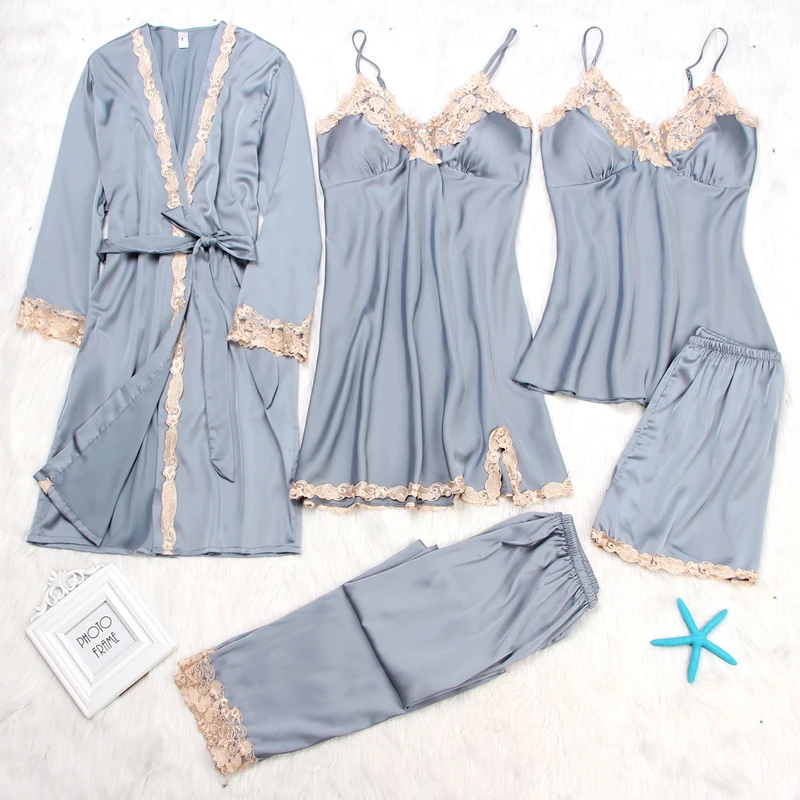 5pcs Blue Gray Сексуальный женский халат и платье, наборы, Осень-зима, 4 и 5 шт., пижамные комплекты, одежда для сна, Женский пижамный комплект из искусственного шелка, женское белье - Цвет: 5pcs Blue Gray