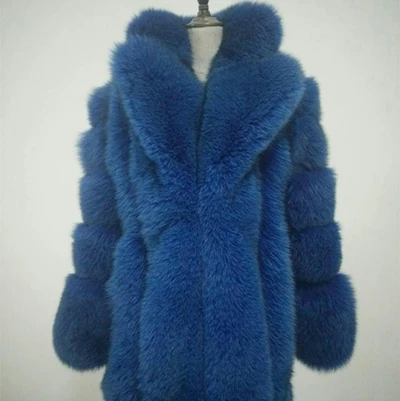 blue Женское пальто из натурального Лисьего меха с отложным воротником, зимняя толстая Тонкая теплая куртка из лисьего меха - Цвет: blue