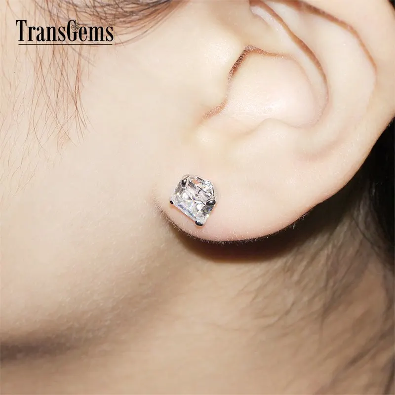 Transgems золотые серьги Cneter 2ct 7X7 мм F Цвет Ашер резки Муассанит всего 4CTW 14 К 585 белое