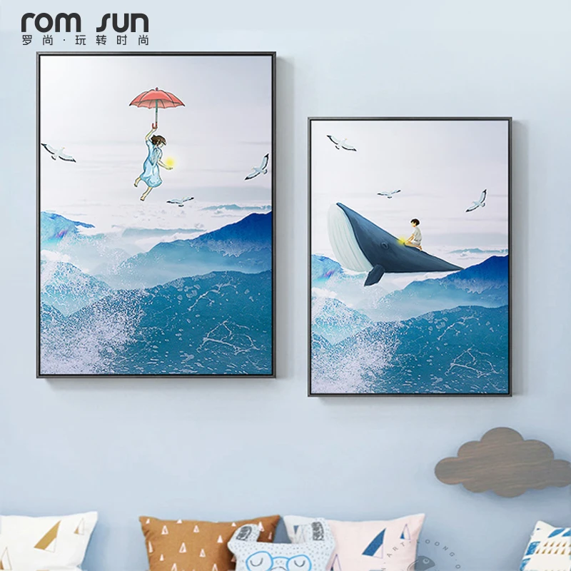 

Nordic Style Blue Whale Ocean Cartoon Painting Childish Wall Art Poster and Print For Boy Children's Room Nursery Decoration HD