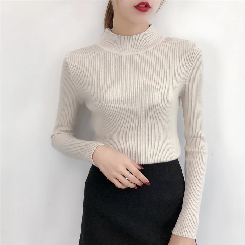 Autumn and winter Korean chic solid color Slim thin bottoming shirt half high collar net red pullover sweater Tops women | Женская