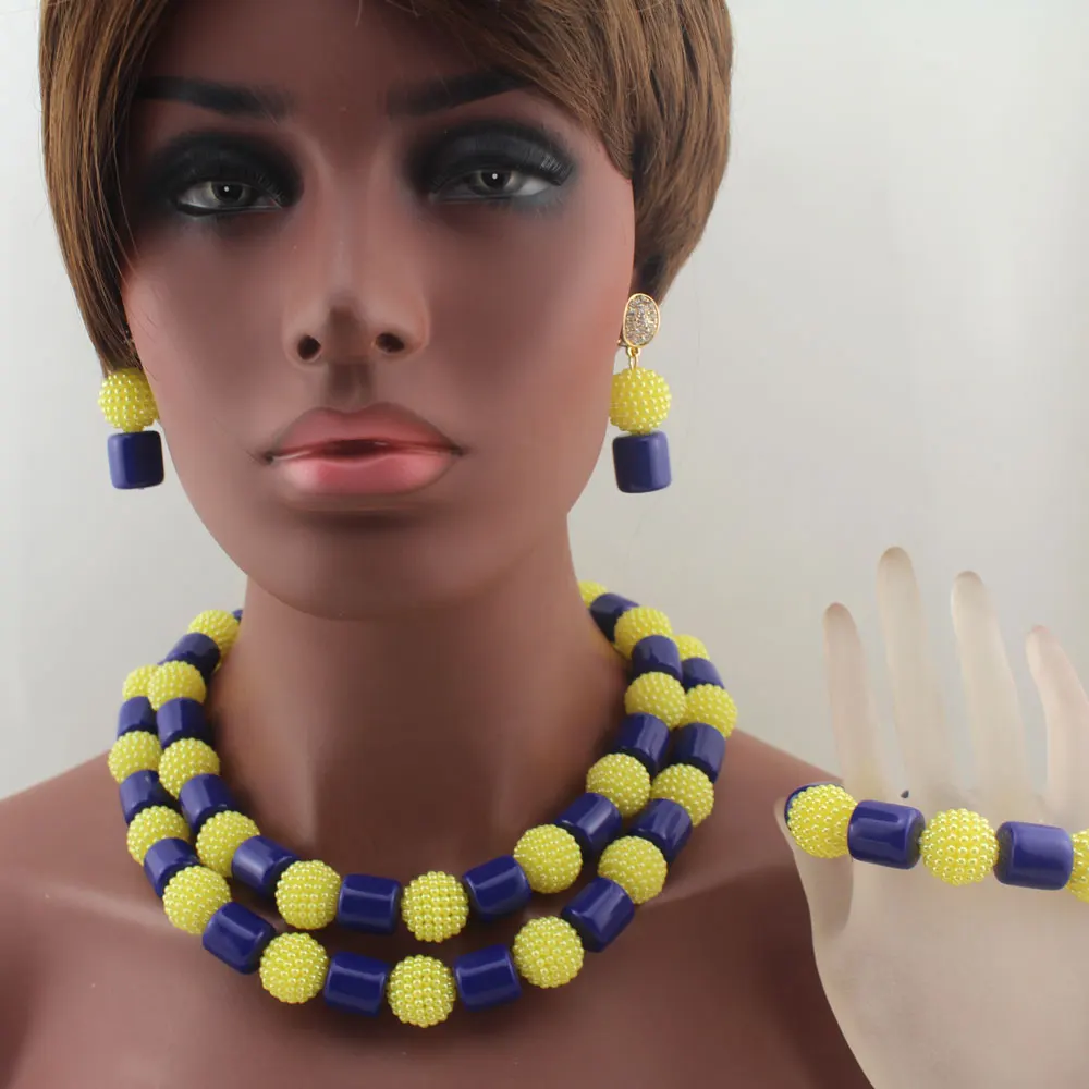 

Royal Blue/Yellow Plastic Pearl Ball Necklace Bracelet Nigerian African Wedding Beads Bridal Jewelry Sets Free Shipping HD8644