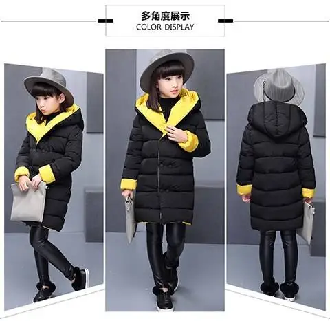 INS hot girls winter coat 3-11 years old hooded reversible parka thick cotton coat Long warm windbreaker Contrast coat