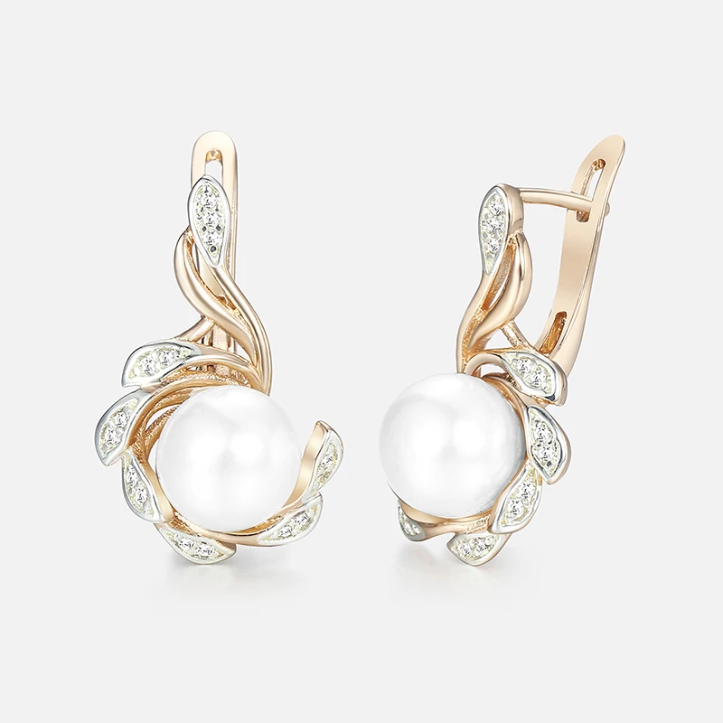 Серьги гвоздики с искусственным жемчугом для женщин Iced Out CZ в форме листа 585