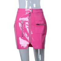 spring pink high waist leather skirt shinny faux leather zipper slim sexy package hip pencil