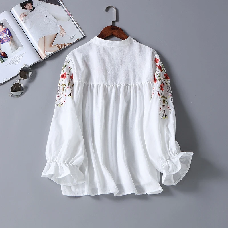 Рубашка женская с цветочной вышивкой Модный хлопковый топ свободного покроя