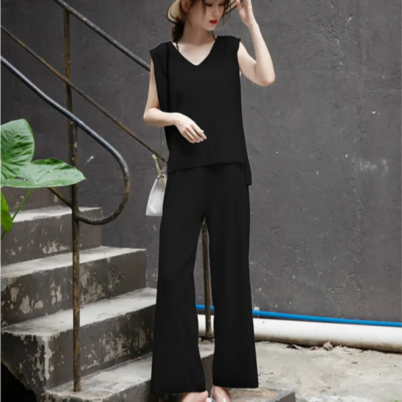 2 Piece Set Women Autumn White Sleeveless V-neck Casual Knitting Club Top and Black Full Length Office Lady Pants Two Piece Set