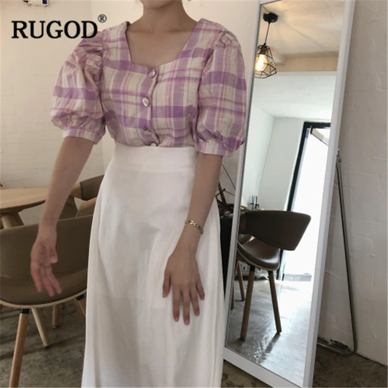 Женская рубашка в клетку RUGOD летняя однобортная приталенная блузка с квадратным