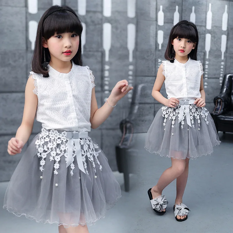 

children girl summer clothing set fashion lace sweet suit white shirts+mesh skirts kids girls princess clothes sets 4-14T