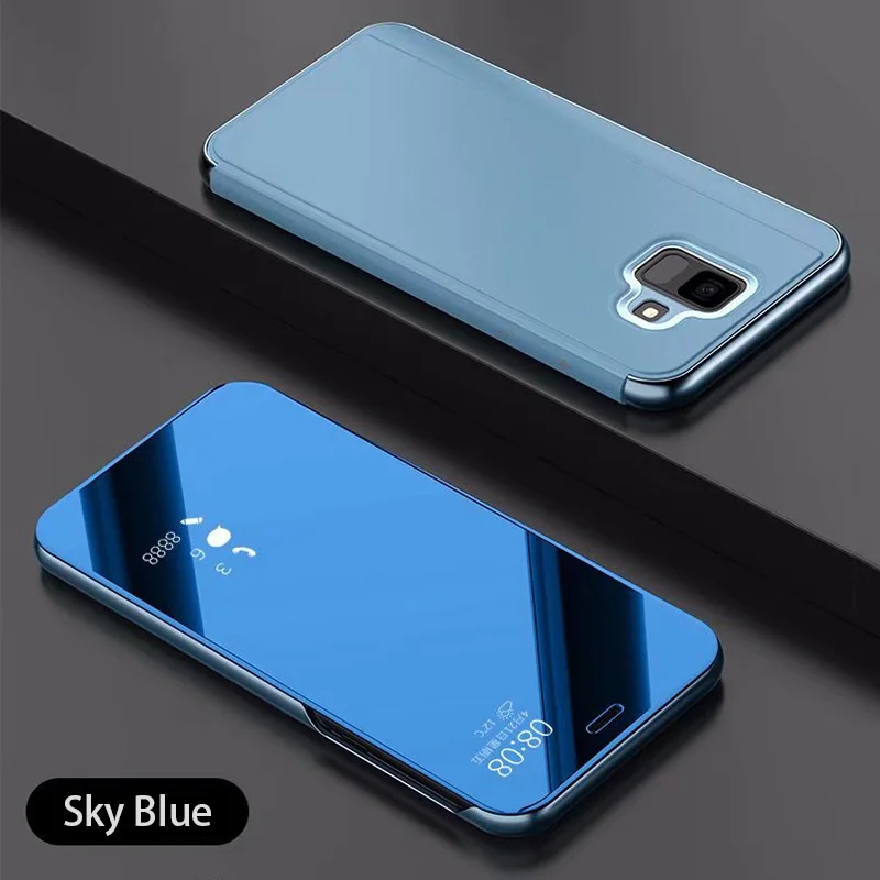 Умный зеркальный флип-чехол для samsung A7 A6 A8 плюс J2 J4 J6 плюс J8 кожаный чехол для A3 A5 A7 J3 J5 J7 чехол s - Цвет: Sky Blue