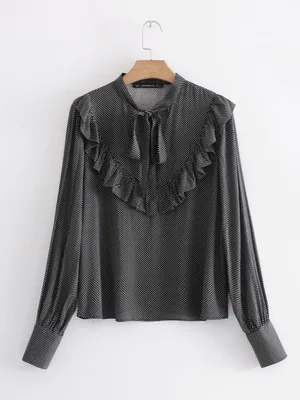 Autumn women ruffles vintage lace blouses Shirt polka dot Womens tie up sleeve Camisa loose Blusas Feminina OYK6103 |