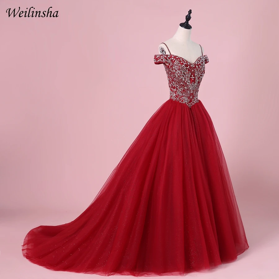 Weilinsha Burgundy Tulle Quinceanera Dresses Ball Gown Off the Shoulder Beading Crystals Sweet 16 Dress Gowns | Свадьбы и торжества