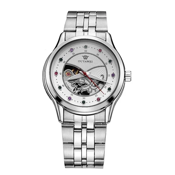 Silver wristwatches OUYAWEI Роскошные Дамская мода золотые автоматические часы Женское платье механические часы Скелет кожаные Наручные для девочек Relogio Feminino - Цвет: Silver wristwatches