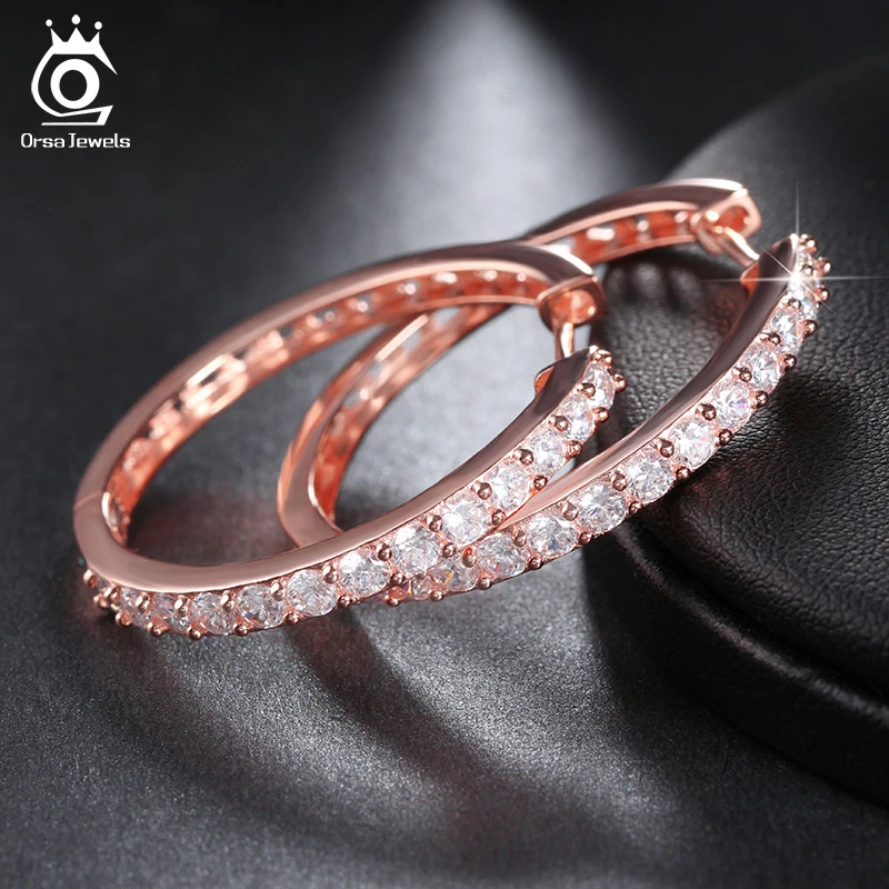 ORSA JEWELS Цвет Розовое Золото Большие Серьги-Кольца Украшенные Камнями Роскошные ААА Фианит Модные Женские Круглые Серьги-Кольца с Фианитом ОЕ143