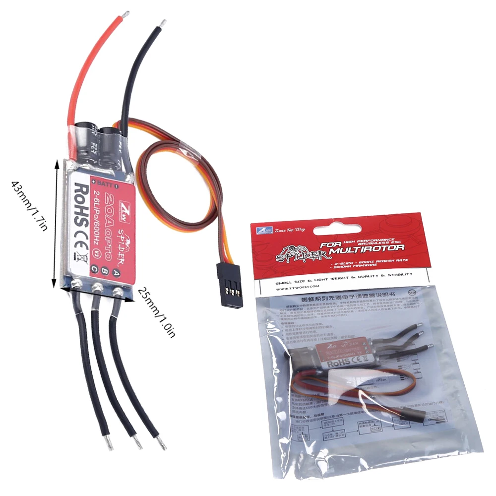 ZTW Spider Series 20A 30A 40A OPTO 2 6S 600 Гц бесщеточный контроллер скорости для мультикоптера FPV