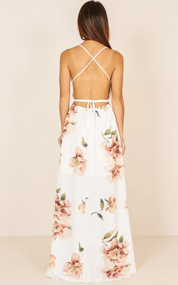 Girl Deep V Neck White Floral Women Dress Off Shoulder Sexy Strap Summer Beach Dresses Backless Maxi Long Vestidos | Женская одежда