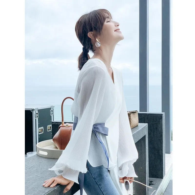 Женская белая рубашка в Корейском стиле Сексуальная Блузка с v-образным вырезом и
