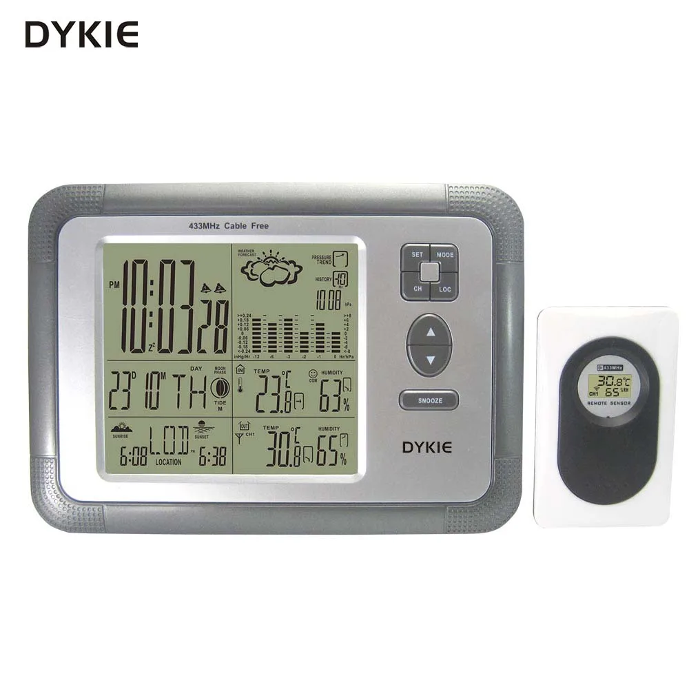 Бесплатная доставка DYKIE цифровая беспроводная метеостанция с будильником Двойной будильник Внутренний наружный термометр Гигрометр Барометр On.