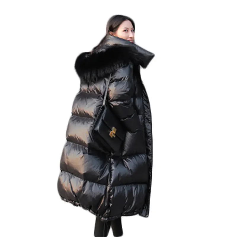 2019 New Korean Version of Loose Blcke  Shiny Large Fur Collar Down Jacket Thickened Over the Knee in the Long Down Jacket 774