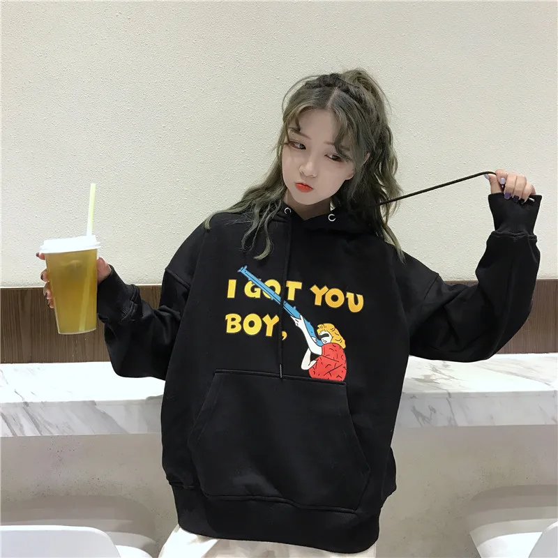 YouGeMan Harajuku винтажные худи для женщин свитшоты корейский Ulzzang бархатный свободный свитер с капюшоном Женский Повседневный свитер
