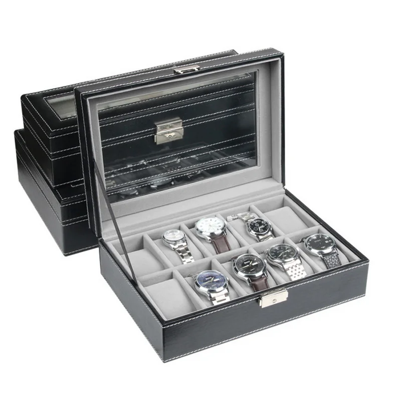 Top Sselling 6/10/12 Grids PU Leather Watch Boxes Storage Organizer Box Luxury Jewelry Display Watch Case Black Free Shipping luxury organizer black leather square pocket watch box foam pad inside watches gift boxes for men womens watch jewelry storage