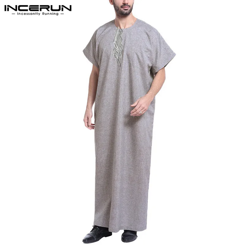 Gray Kaftan INCERUN мусульманское платье кафтан Для мужчин Абаи принт короткий рукав Ретро-платья Дубай cаудовская Аравия Арабский исламский кафтан Для мужчин Арабские накидки и таубы - Цвет: Gray Kaftan