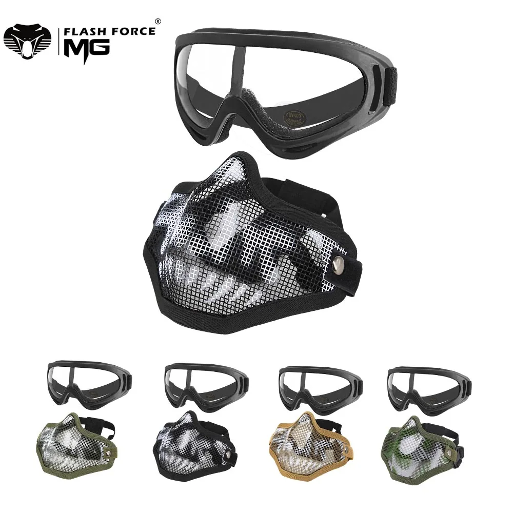 

MGFLASHFORCE Airsoft Mask Goggles Set Half Face Steel Mesh Mask Paintball Hunting Tactical Protective CS Halloween Party Cosplay