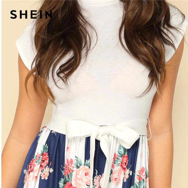 SHEIN Контрастное Цветочное Платье С Узлом И Стоячим Воротником Женское Летнее Многоцветное Повседневное Платье С Поясом