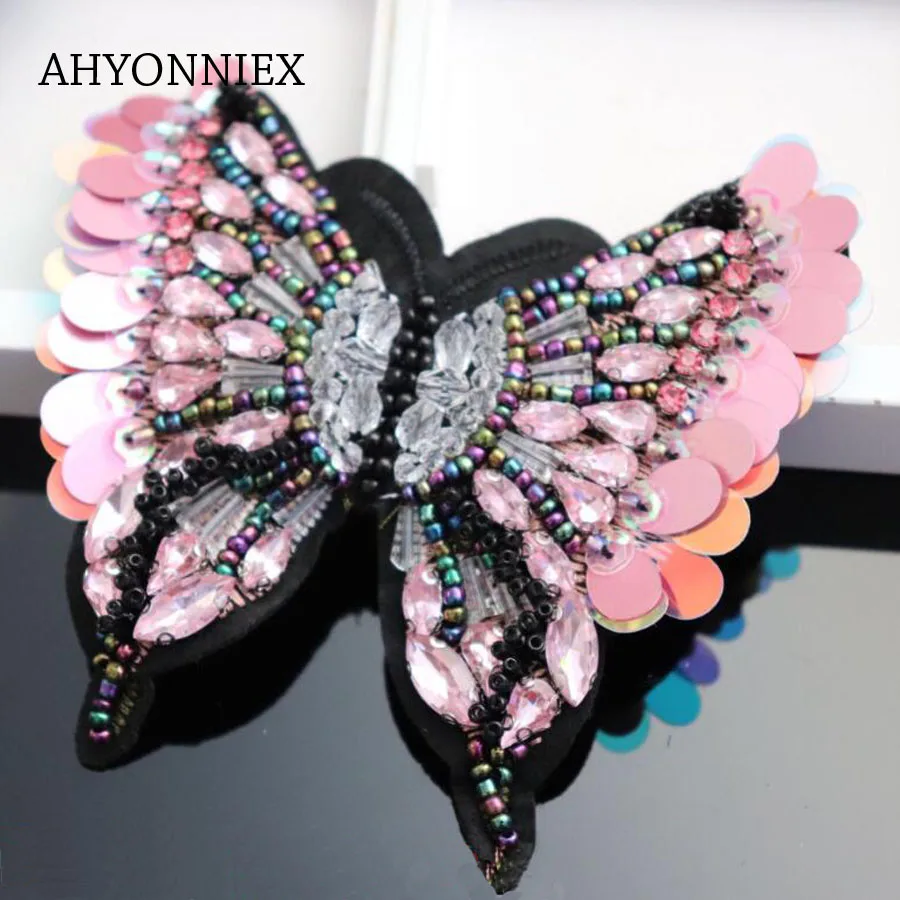 

AHYONNIEX pink butterfly sequins rhinestones beads patches applique sew on beading qpplique clothes shoes bags decoration patch