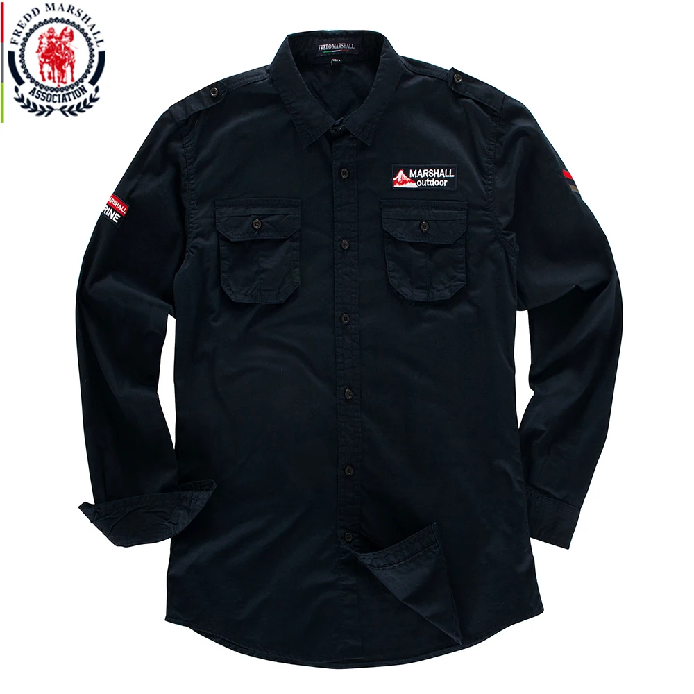 115 Navy Blue Fredd Marshall, мужская рубашка Карго, новинка, повседневная, с длинным рукавом, с вышивкой, одноцветная, Классическая, Военная рубашка, армейский зеленый, хаки, 115 - Цвет: 115 Navy Blue