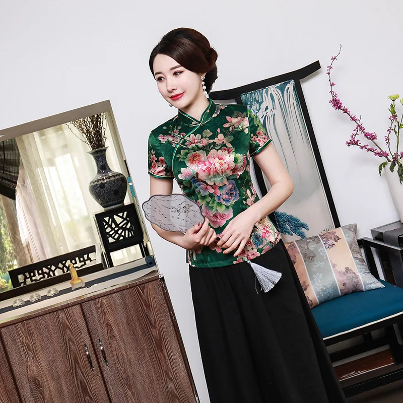 

Chinese Mandarin Summer Tops Women Silk T-shirts Prom Costume S-4XL
