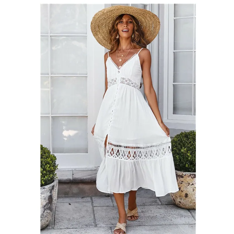 New 2019 Hot Women Summer Maxi Dress Sexy Boho Long Evening Party Beach Solid Loose SleevelessWhite Sundress | Женская одежда
