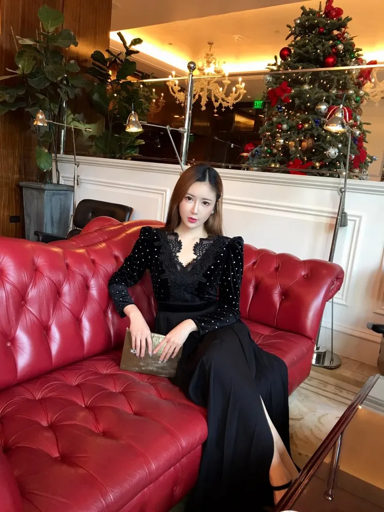 High-end Winter Black Diamonds Maxi Long Dress Women Self Portrait Patchwork Slim Bodycon Pleated Dresses Party Runway Vestidos
