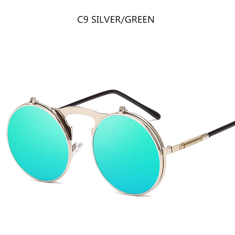 Silver Green Ретро стимпанк Круглый Винтаж Круглый флип-ап солнцезащитные очки для женщин и мужчин в стиле панк Солнцезащитные очки металлическая оправа черные солнцезащитные очки для мужчин UV400 - Цвет линз: Silver Green