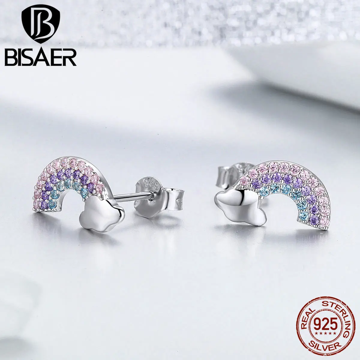 BISAER 925 пробы, серебряные серьги-гвоздики с радугой и облаком для женщин, кубический цирконий, маленькие серьги-гвоздики для девочек, режим GXE578