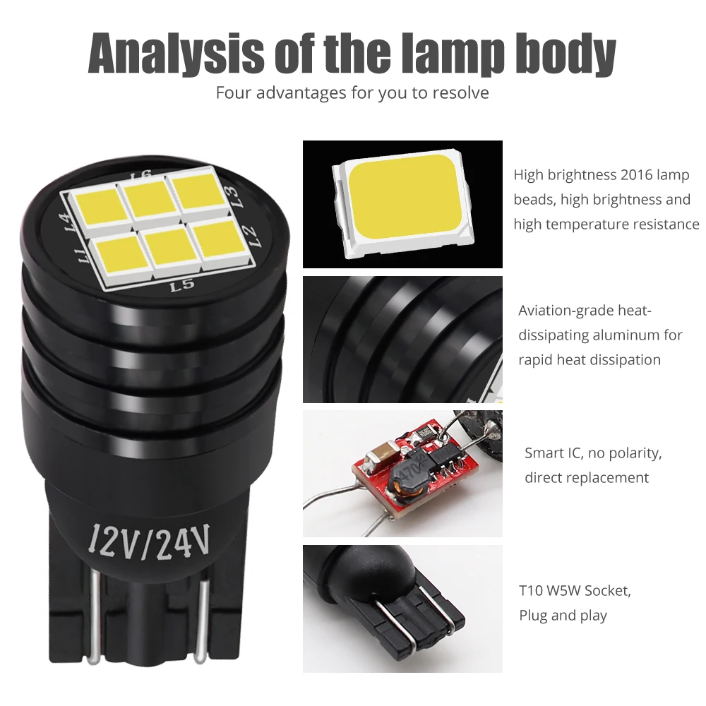 4X W5W T10 168 194 светодиодный светильник 2016 SMD 12 V 24 белый автомобиль клиновидный для