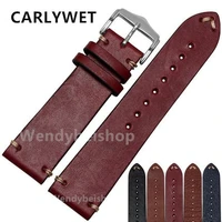 carlywet 20 22mm man women handmade c leather brown black red blue vintage wrist watch band strap belt silver polished buckle