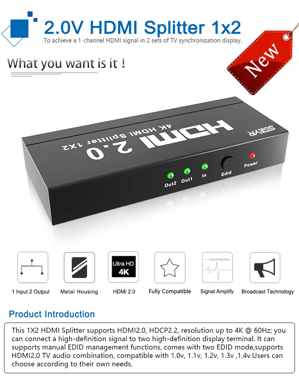 1x2 HDMI Сплиттер 4K 2 Way HDMI didriver сплиттер 1 в 2 Выход SGEYR сплиттер HDMI 2,0, HDCP2.2 4Kx2K@ 60 Гц с EDID переключателями