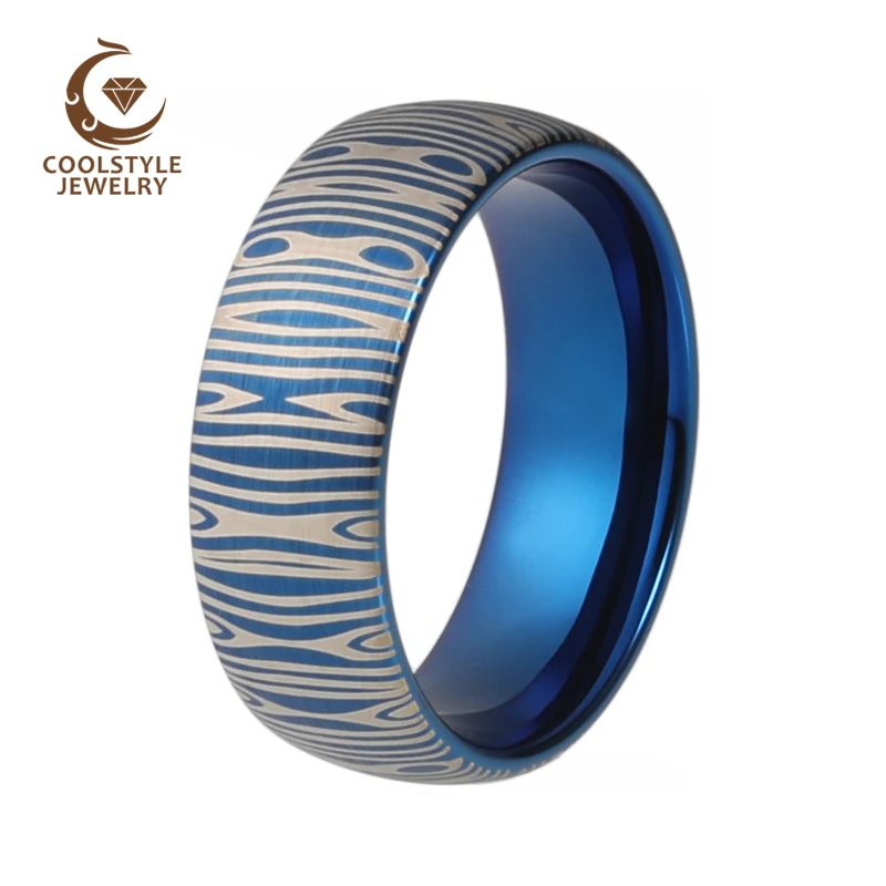 8 мм Дамаск Сталь узор лазерной гравировкой моды Вольфрам карбида синий кольцо
